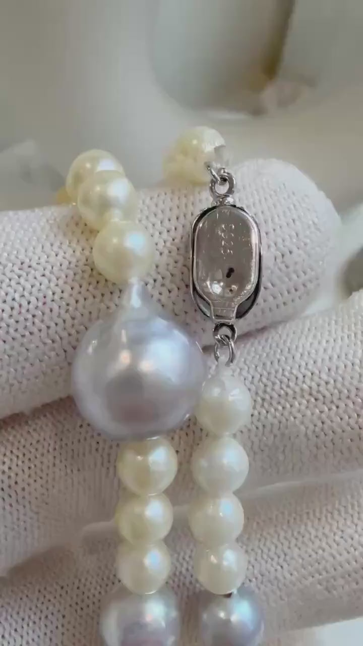 Elly’s 5.7-12.3mm Tahitian South sea gold Akoya ocean pearls necklace:Extreme luster mirrored, knotted, 18.7”, S925 silver necklace strand.