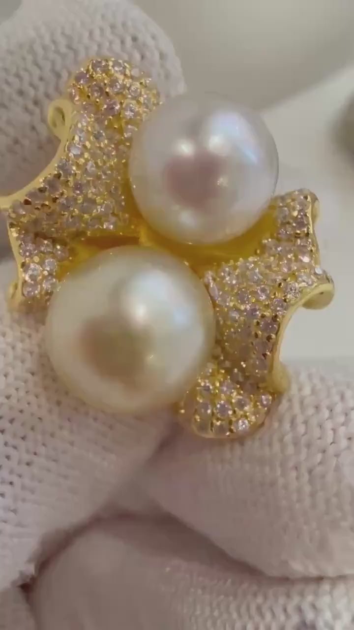 Elly’s South sea golden Australian ocean white double pearls Ring: Extrem luster, 9.2-10.2mm. S925 silver adjustable Vintage Ring.