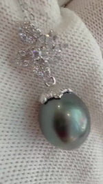 Elly’s 12.1mm Insale Tahitian Exceptional Elegant silver green Ocean Pearl floral pendant Necklace unique gift for her.