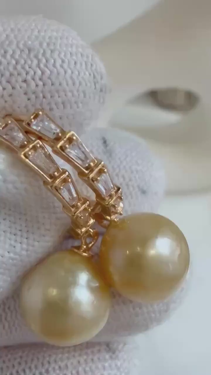 Elly’s 10.5mm Genius South sea ultra golden Pearls Earrings hoops: Strong luster, 2.8cm high, S925 silver cool earrings hoops.