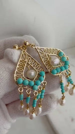 12pcs White Pearls Turquoise Earrings Chandeliers: Extreme luster pearls, 4.7-6.2mm, Genius Turquoise, Boho earrings. Pearl Jewelry Idea