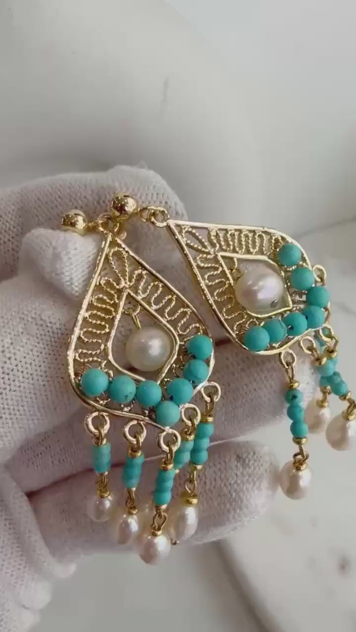 12pcs White Pearls Turquoise Earrings Chandeliers: Extreme luster pearls, 4.7-6.2mm, Genius Turquoise, Boho earrings. Pearl Jewelry Idea