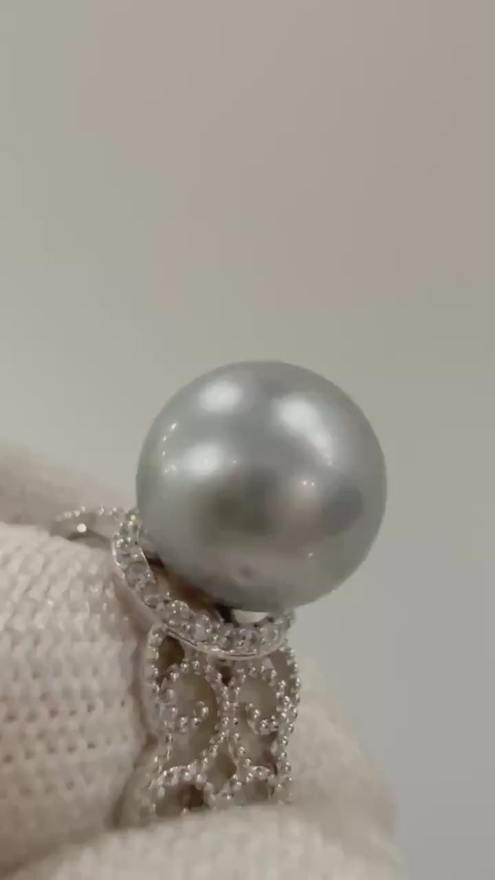 Elly’s Tahitian Ocean pure round natural silver Platinum Pearl zircon s925 silver adjustable ring unique gift for her Statement. 10.1mm