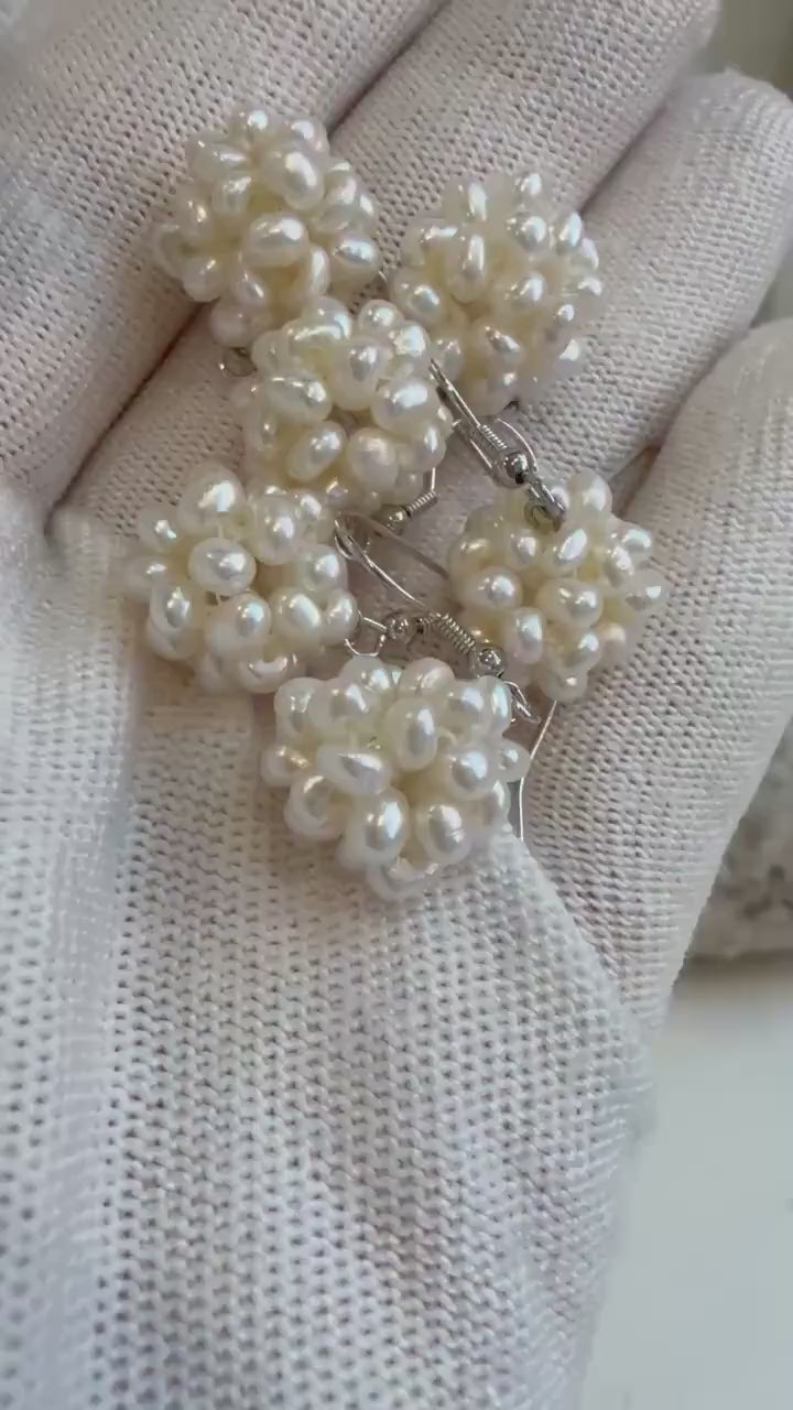 Not for seperate purchase! Strong  luster Freshwater Ivory Keshi Pearls dazzling Hydrangeas stylish S925 silver earrings hooks silver color.