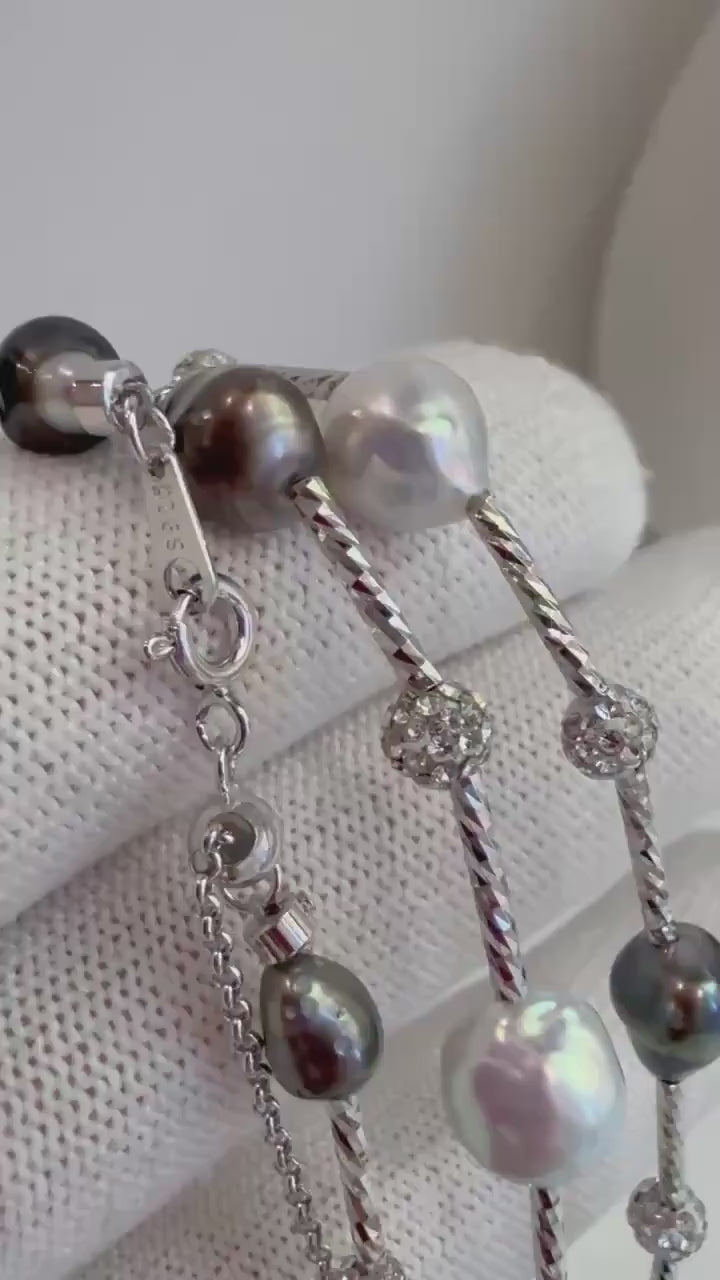 Elly’s To 28” Tahitian Keshi S925 Silver Designed Long Necklace: Extreme luster Tahitian Keshi Akoya Blue Silver Ocean Ocean pearls