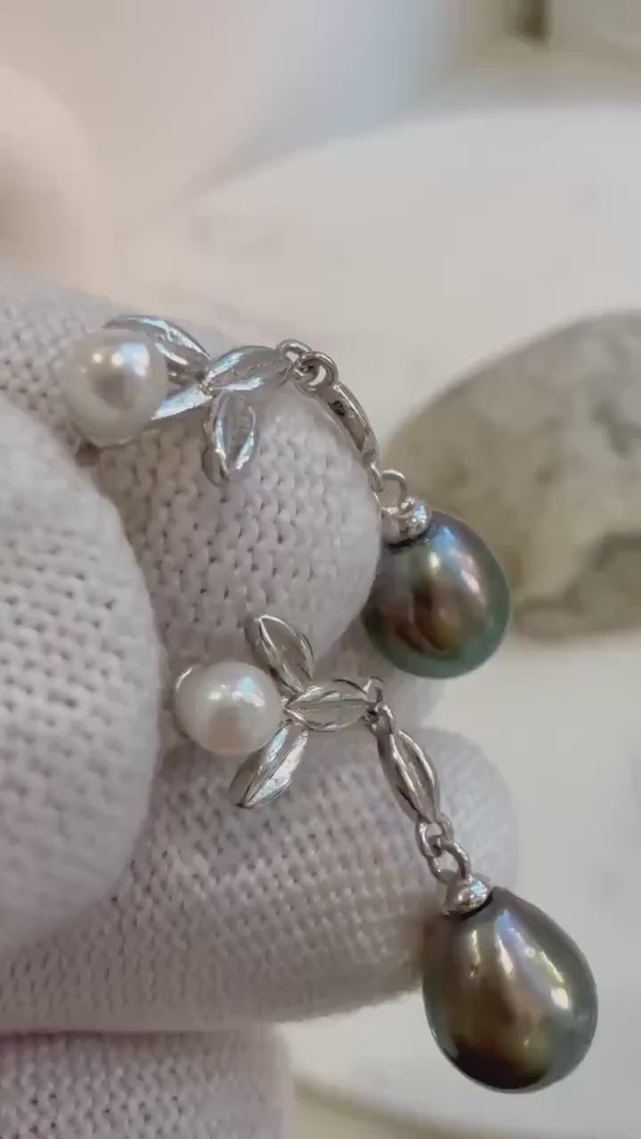 Elly’s 4pcs Tahitian extremelystrong luster peacock green natural ocean pearls Akoya pearls s925 silver earrings. Gift for her.7.8mm
