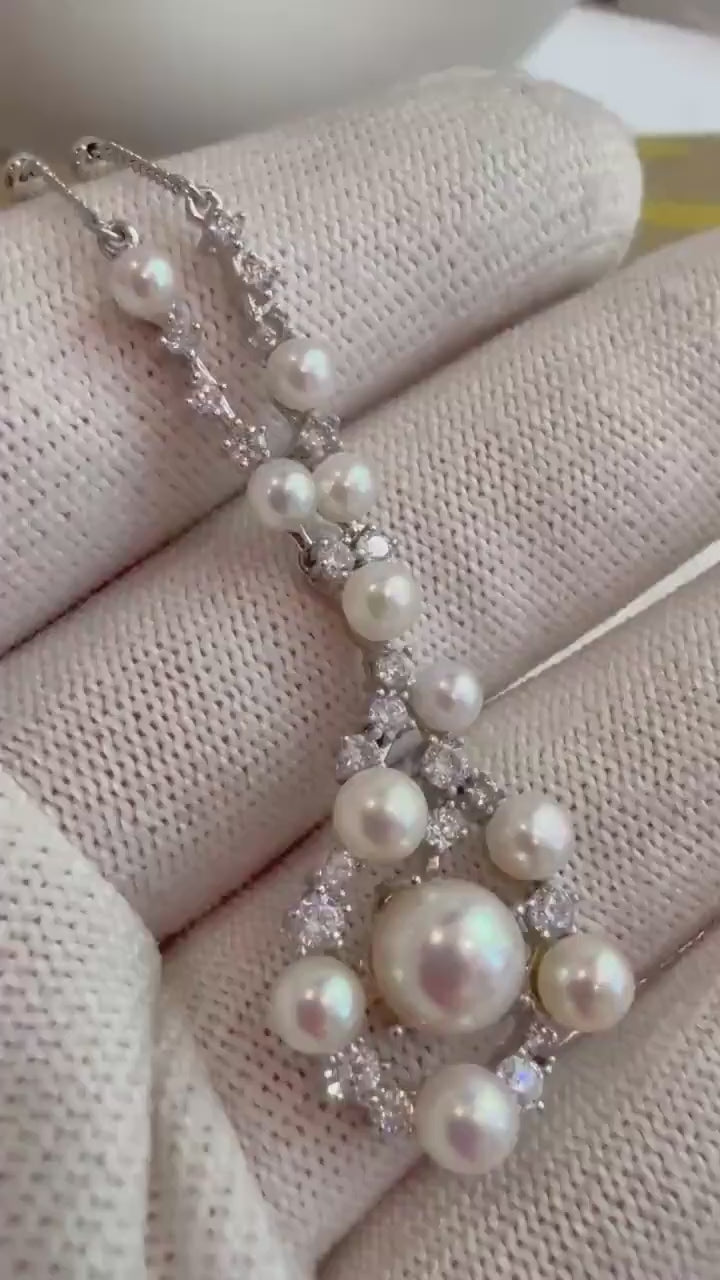 12pcs extreme luster mirrored Akoya Stylish ivory Ocean Pearls pendant necklace set adjustable silver chain unique gift for her 3.3-6.8mm