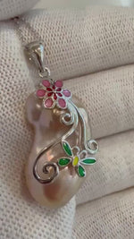 Elly’s DDP 15.5x27mm strong luster silver rose iridescent smooth Baroque Pearl s925 silver floral pendant silver chain Necklace set.