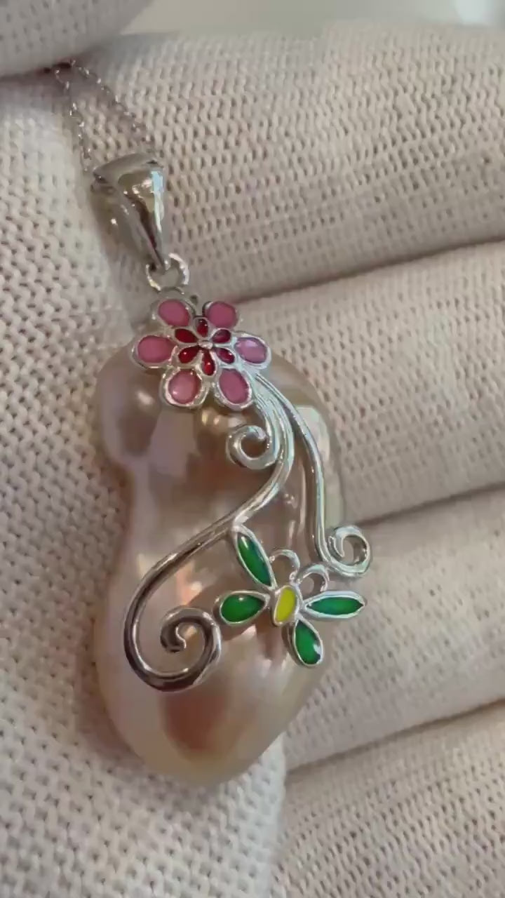 Elly’s DDP 15.5x27mm strong luster silver rose iridescent smooth Baroque Pearl s925 silver floral pendant silver chain Necklace set.