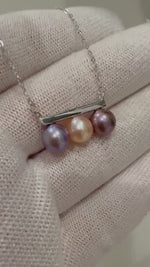 Elly’s Tri pearls strong luster peach purple lavender Pearls pendant silver top silver chain Classic Necklace unique gift for her 6.5-6.8mm