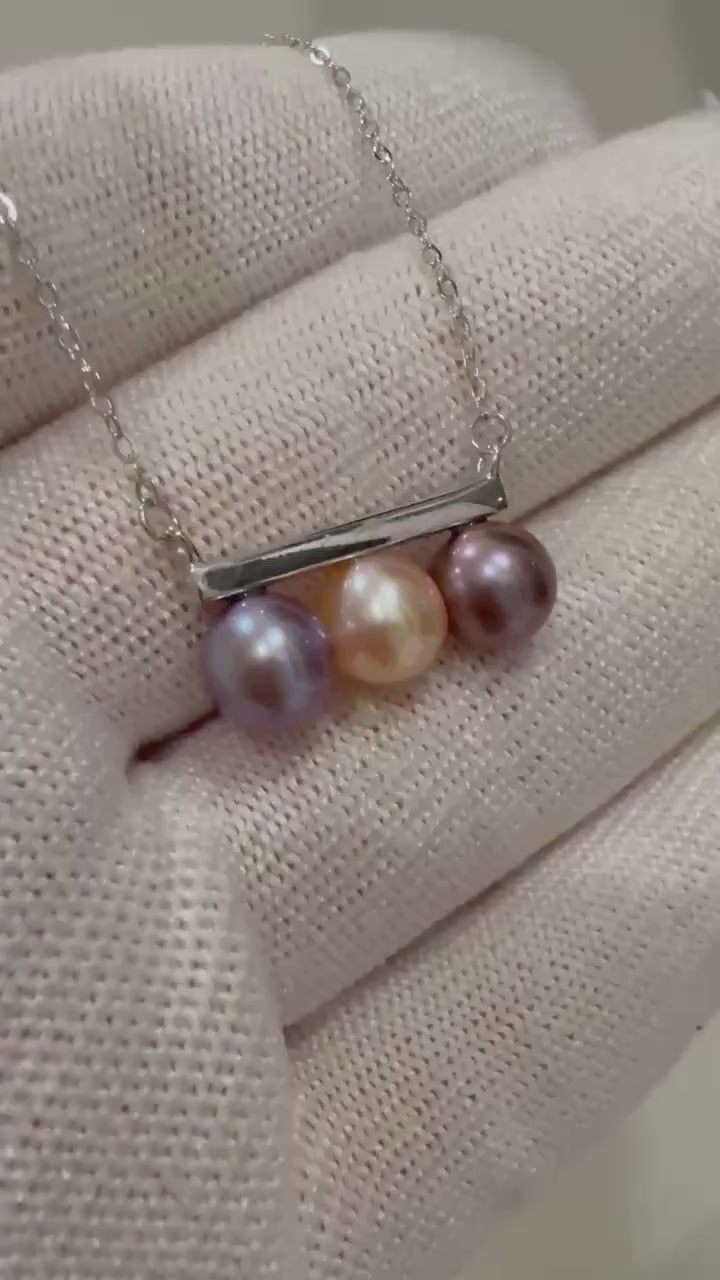 Elly’s Tri pearls strong luster peach purple lavender Pearls pendant silver top silver chain Classic Necklace unique gift for her 6.5-6.8mm