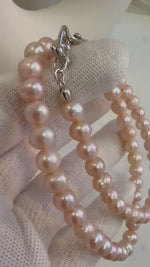 Elly’s Super Value! 6.7-7.3mm strong luster Freshwater peach rose round Pearls strand Necklace unique anniversary gift. 16.9”