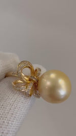 Rare 13.9mm Huge South Sea ultra Gold pure natural strong luster Ocean Pearl ring s925 silver adjustable ring. holiday gift wedding gift.