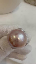 Elly’s 16.6mm Huge Rose Edison pearl ring: Extreme luster mirrored, 1.9cm dia. S925 silver adjustable ring.