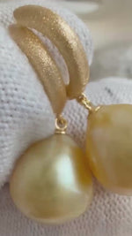 Elly’s 12.4mm South sea ultra golden ocean Pearls Earrings hoops: Extreme luster mirrored, 3cm high, S925 silver cool earrings hoops.