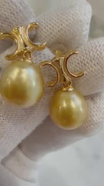Elly’s 11mm South sea golden Pearls Earrings: Extreme luster mirrored effect, 2.1cm high, S925 silver cool earrings.