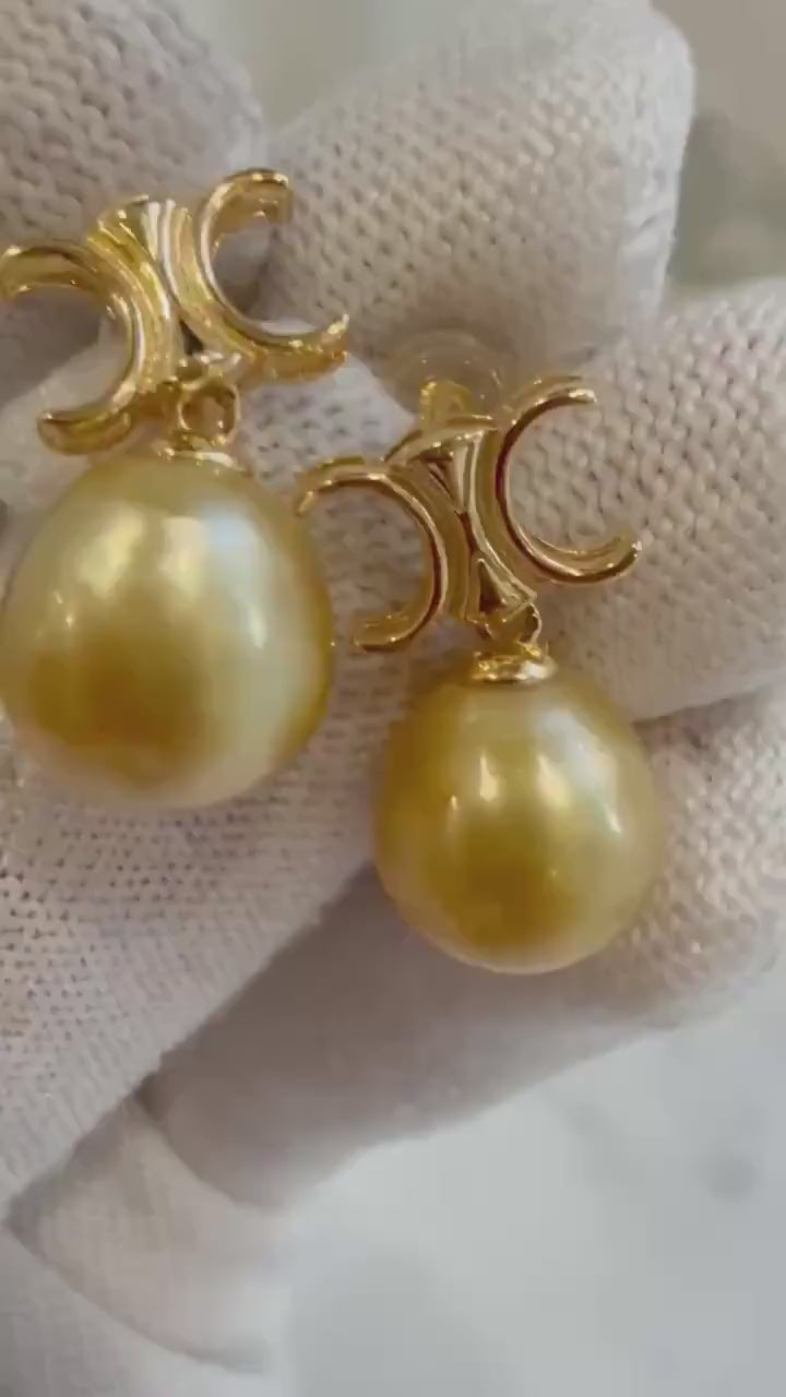 Elly’s 11mm South sea golden Pearls Earrings: Extreme luster mirrored effect, 2.1cm high, S925 silver cool earrings.