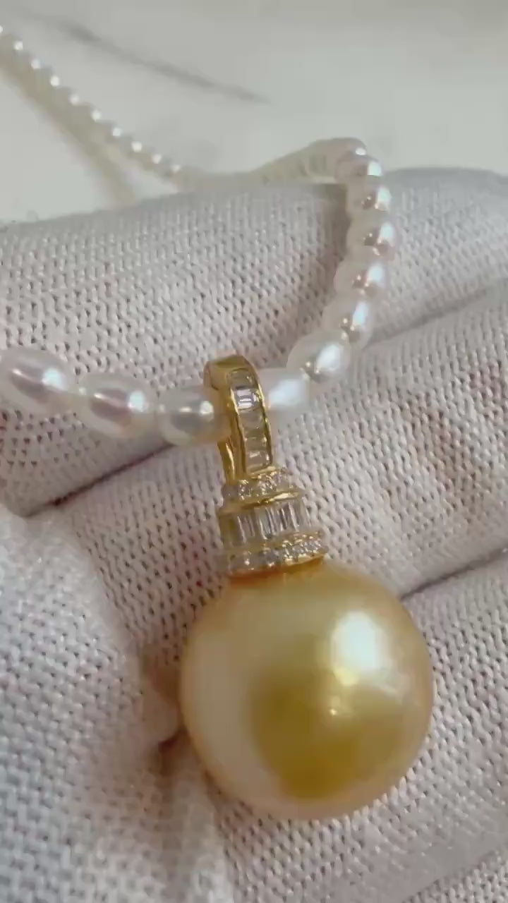 Elly’s 14.6mm South Sea deep Golden ocean Pearl white small pearls Necklace Set: Extreme luster. S925 silver pendant, necklace To 17.9”.