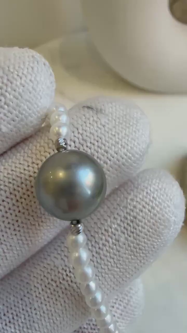 Elly’s 10.5mm platinum Tahitian Ocean white Freshwater Pearls Bracelet, Extreme luster mirrored, 7.2”, S925 silver bracelet.