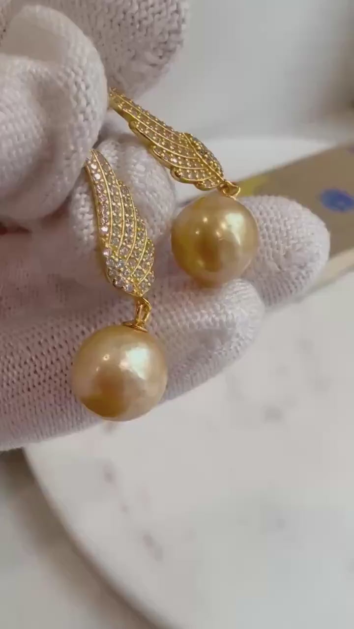 Elly’s In sale strong luster freshwater Metallic Gold Pearls S925 silver dazzling feather earrings daily office wear. 10.3mm