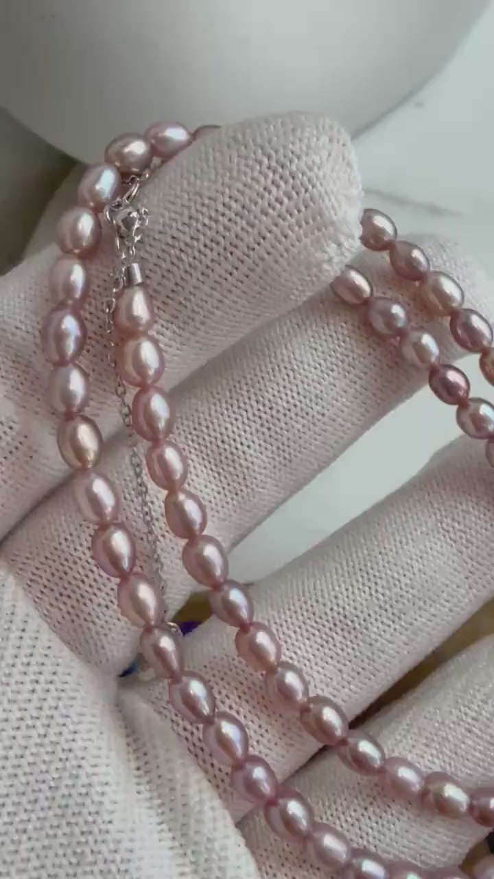 Elly’s Unique Natural Keshi Rice Pearl pink rose necklace choker Perfect unique gift for wife daughter teacher. 3.8-4.2mm