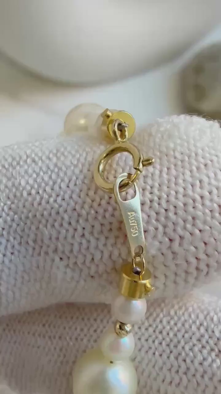 Elly’s Au750 18K gold Akoya Ocean Pearls Bracelet: Extreme luster Mirrored effect, 3.4-7.9mm, 18k Gold beads clips, 7.7” long.