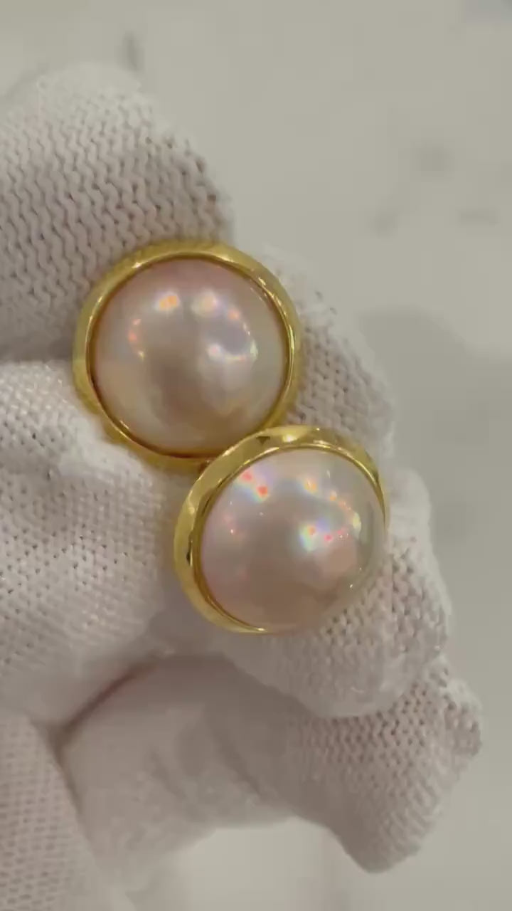 Strong luster peach pink Ocean Mabe dazzling earrings stylish S925 silver earrings. Gift for her birthday anniversary engagement. 13.8mm