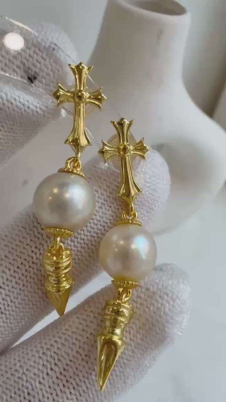 Elly’s 9.3mm Akoya light gold ocean Pearls Earrings chandeliers: Extreme luster mirrored, 4.2cm high, S925 silver dangling earrings.