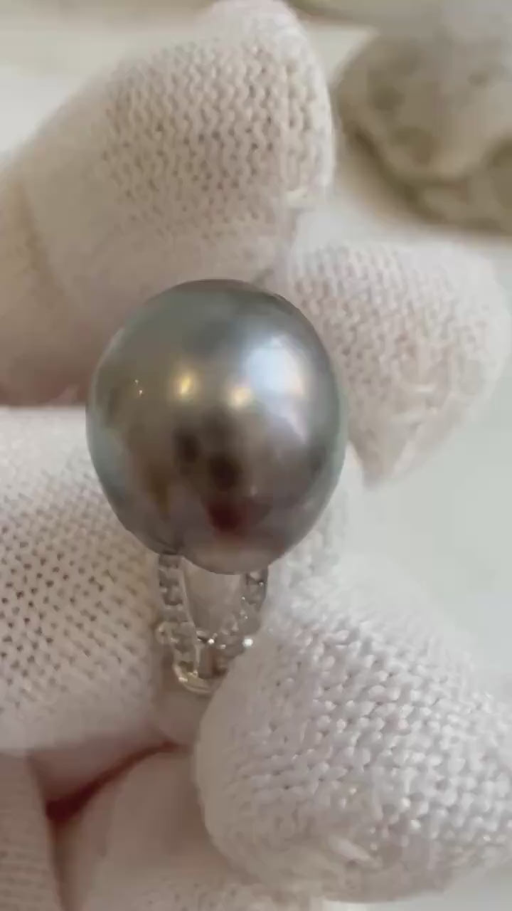Elly’s 11.1x12.5mm Tahitian Ocean Platinum Pearl Ring: Extreme luster mirrored, S925 silver Minimalist adjustable Ring.Pearl Jewelry Idea