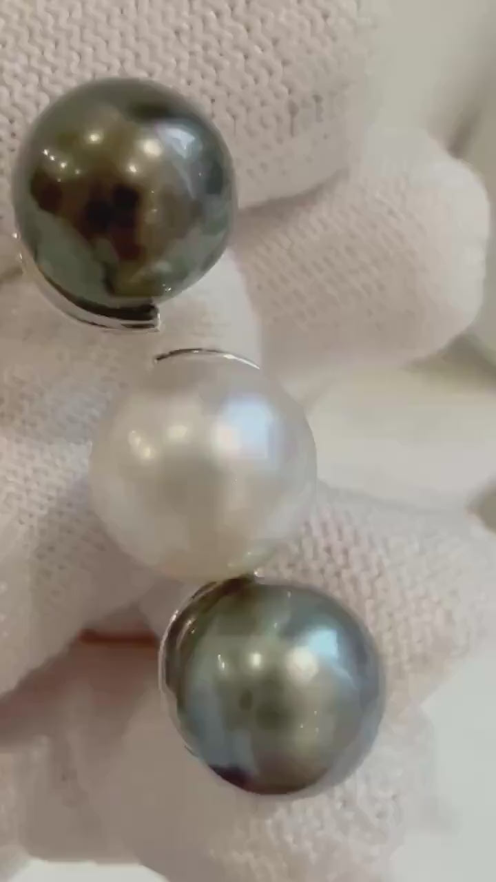 Elly’s Tri Tahitian Australian ocean white pearls Ring: Extreme luster mirrored, 10.3-10.7mm. S925 silver adjustable Vintage Ring.