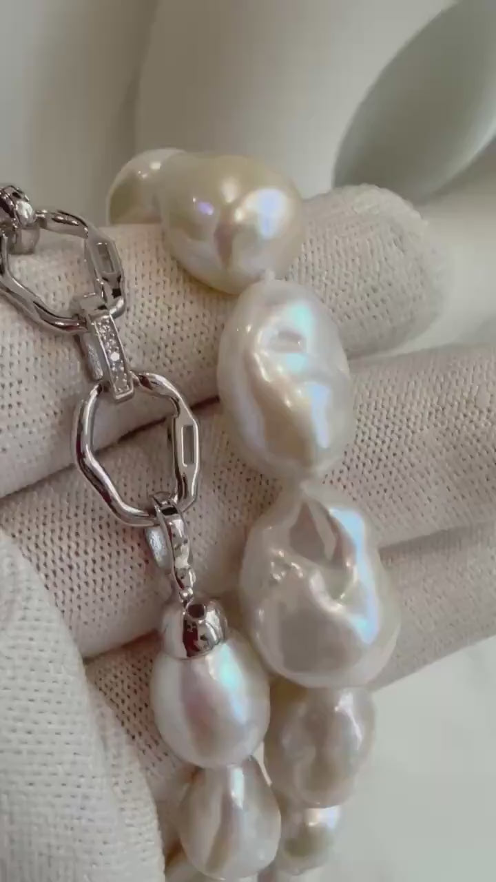 18.5” 25pcs Extreme luster mirrored white Iridescent pink hue Baroque pearls necklace elegant attractive anniversary gift for her, knotted