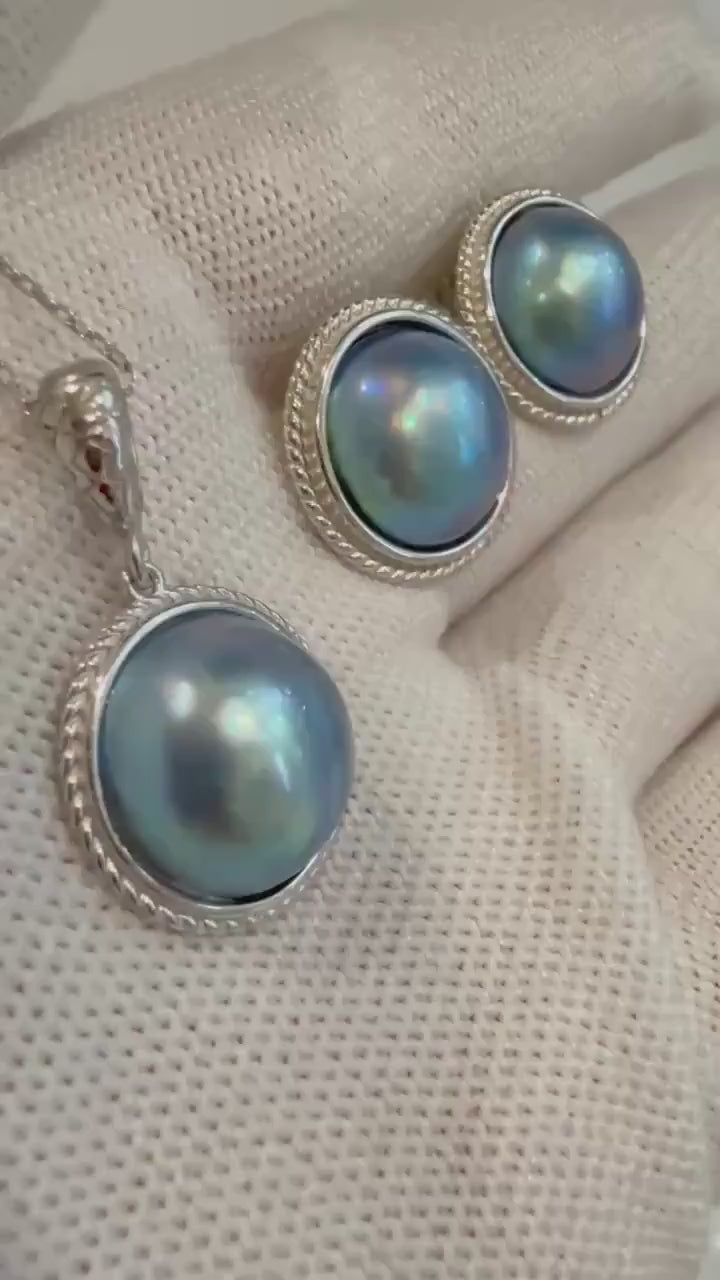 Elly’s Iridescent Mabe Pearl Earrings & Pendant Set: S925 Silver, Handmade