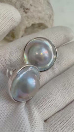 Elly’s 21mm Strong Luster Australian Ocean silver iridescent Round Mabe Pearl minimalist s925silver earrings for her Anniversary.
