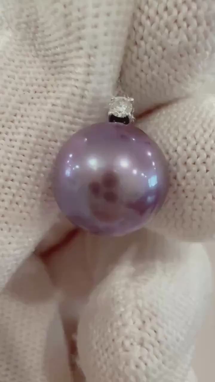 Elly’s Real Diamond Au750 18k white gold 11.4mm Edison Genius ultra purple Pearl pendant silver chain Gift for her for Anniversary.