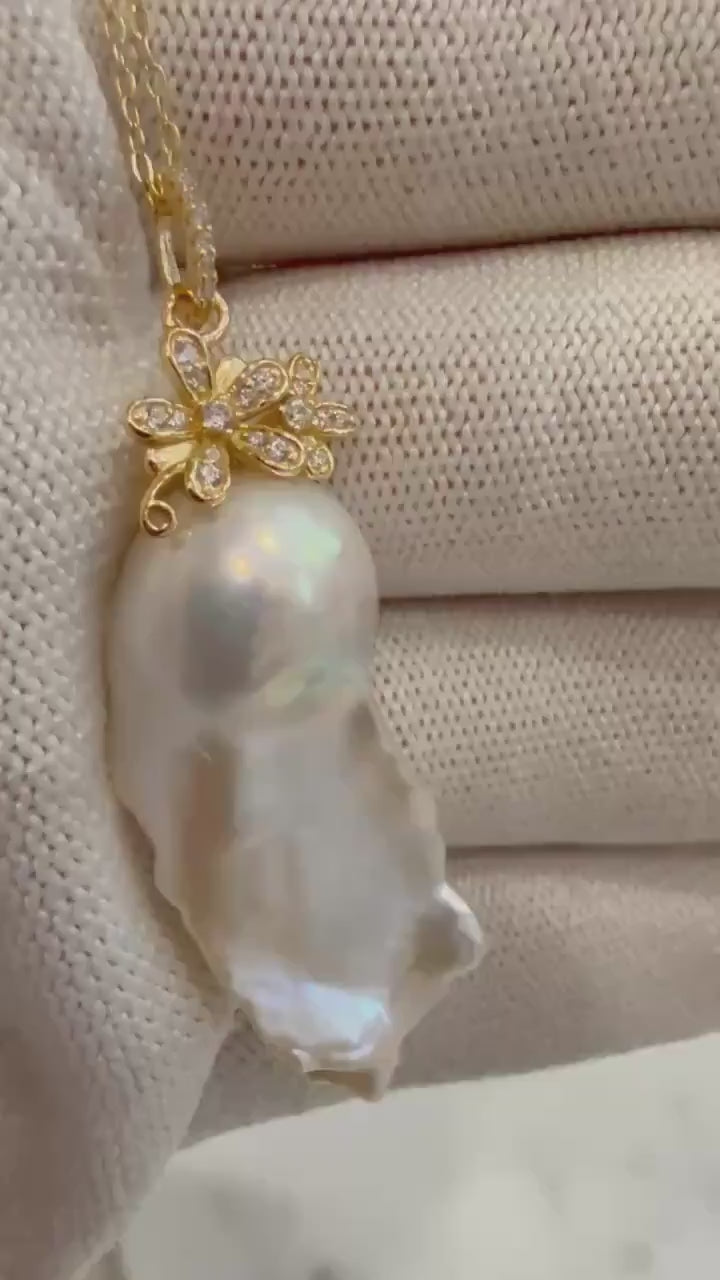 Elly’s 14.6x33mm InSale Extreme luster white iridescent smooth Baroque Pearl s925 silver floral pendant silver chain Necklace gift for her.