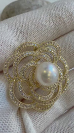 Elly’s 9.9mm Genius Huge Akoya Ivory ocean Pearl Floral Brooch: Extreme luster mirrored, 3.5cm dia.