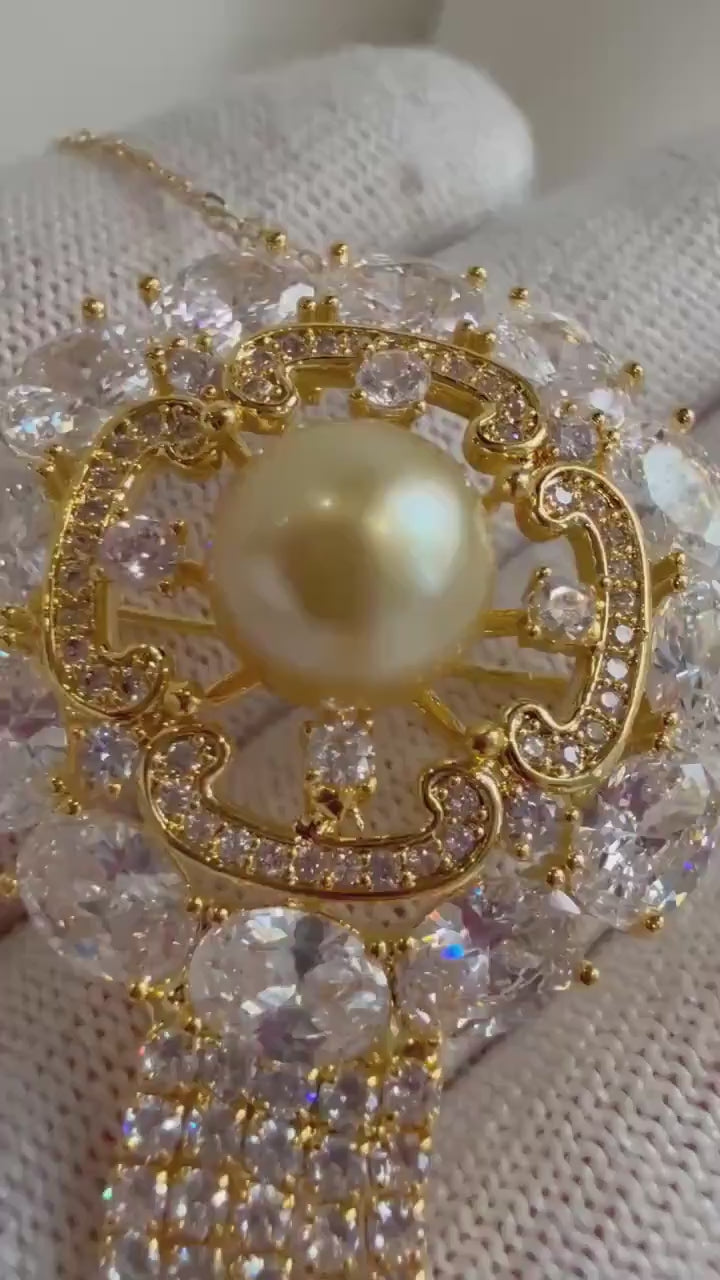 South Sea Golden Ocean Pearl Brooch Pendant 2in1: Extreme Luster, 9.8mm, Ultra gold pearl, Vintage brooch,S925 silver chain not included.
