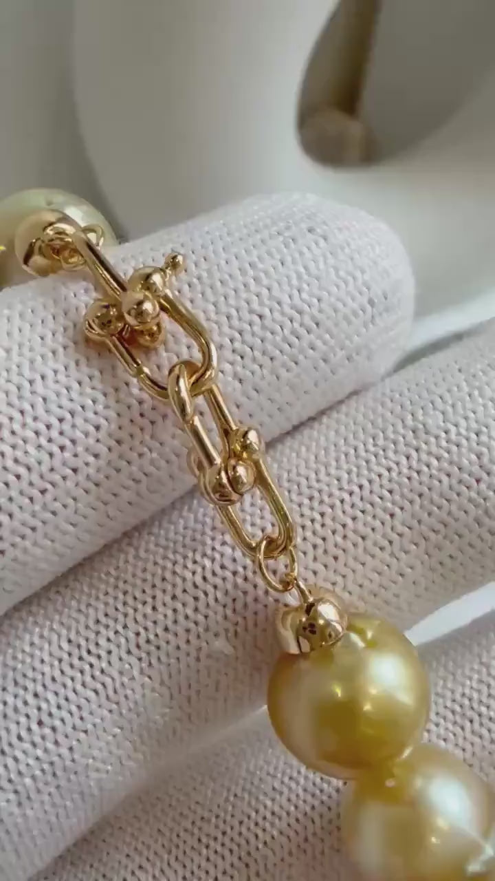 Elly’s 10.8-13.1mm 12pcs South sea golden Ocean Pearls bracelet: strong luster, gold to deep golden pearls,S925 silver bracelet.