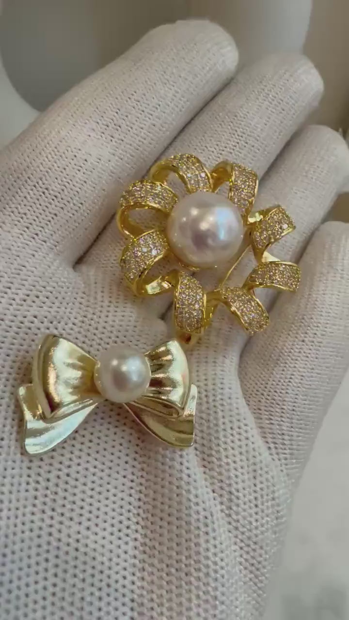 Elly’s 2 Brooches 12.5mm White Edison floral + 7.5mm Akoya Off White Pearl butterfly bow Broochs Gift Happiness Meanful mom teacher gift.