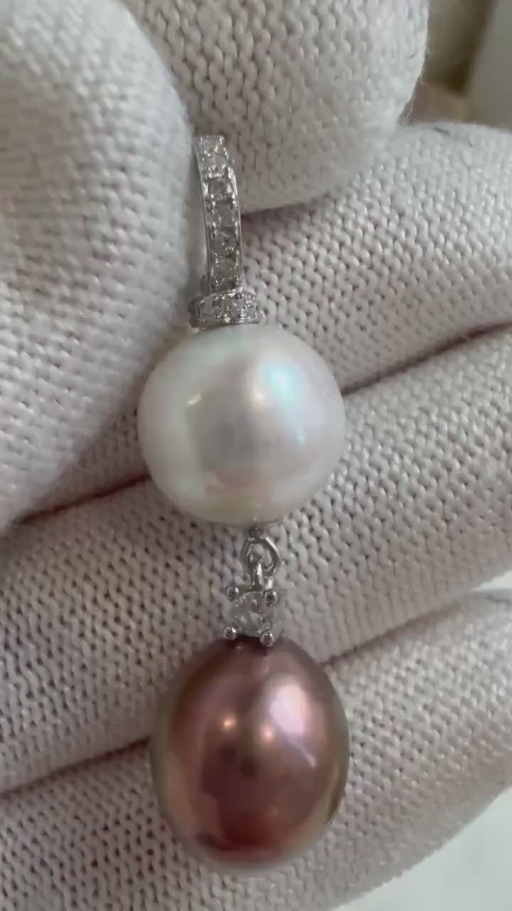 Elly’s Double 11.3-11.4mm Edison Pears Pendant: Extreme luster mirrored, white antique gold pearls, 4.1cm, s925 silver necklace set.