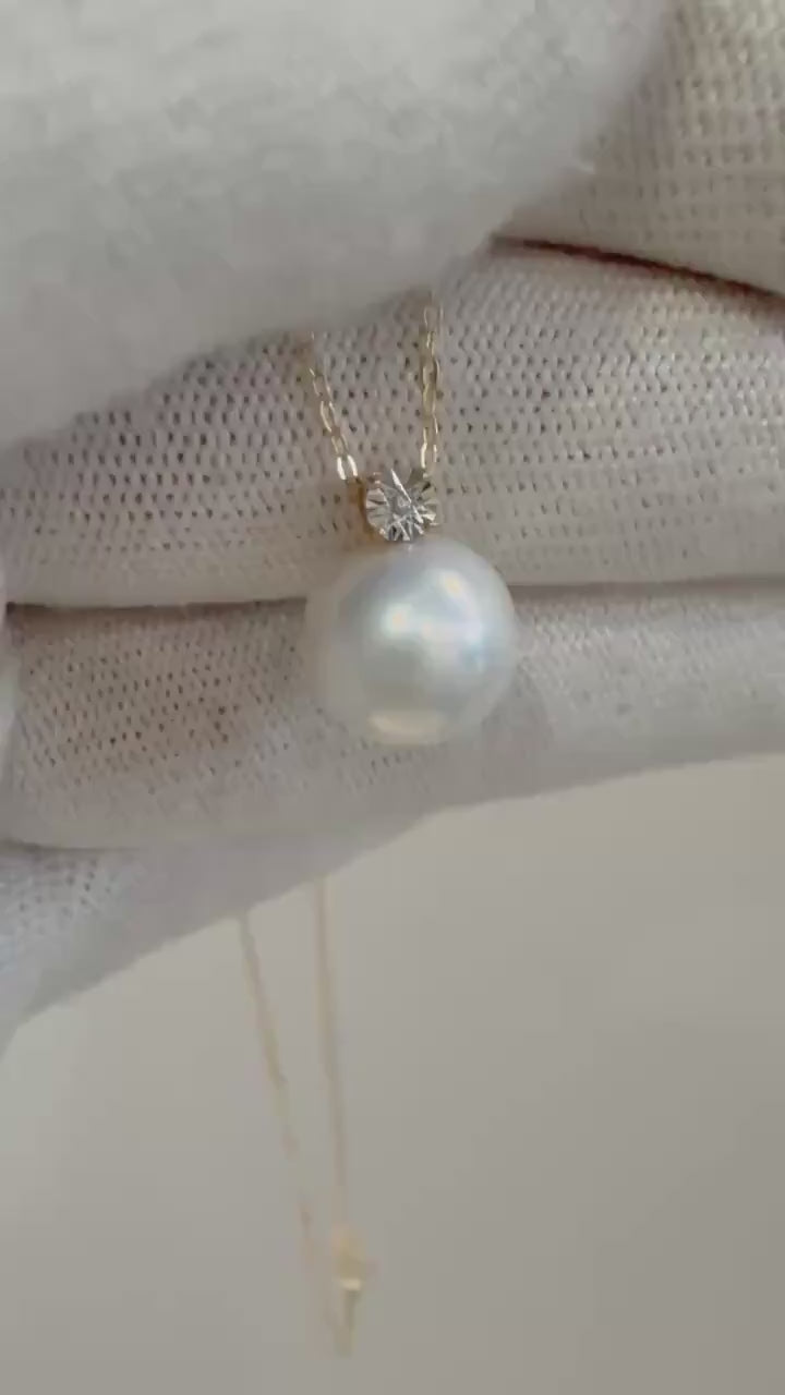 Elly’s Real Diamond Au750 18k yellow gold 10.6mm Edison Genius white Pearl necklace pendant silve chain Gift for her for Anniversary.