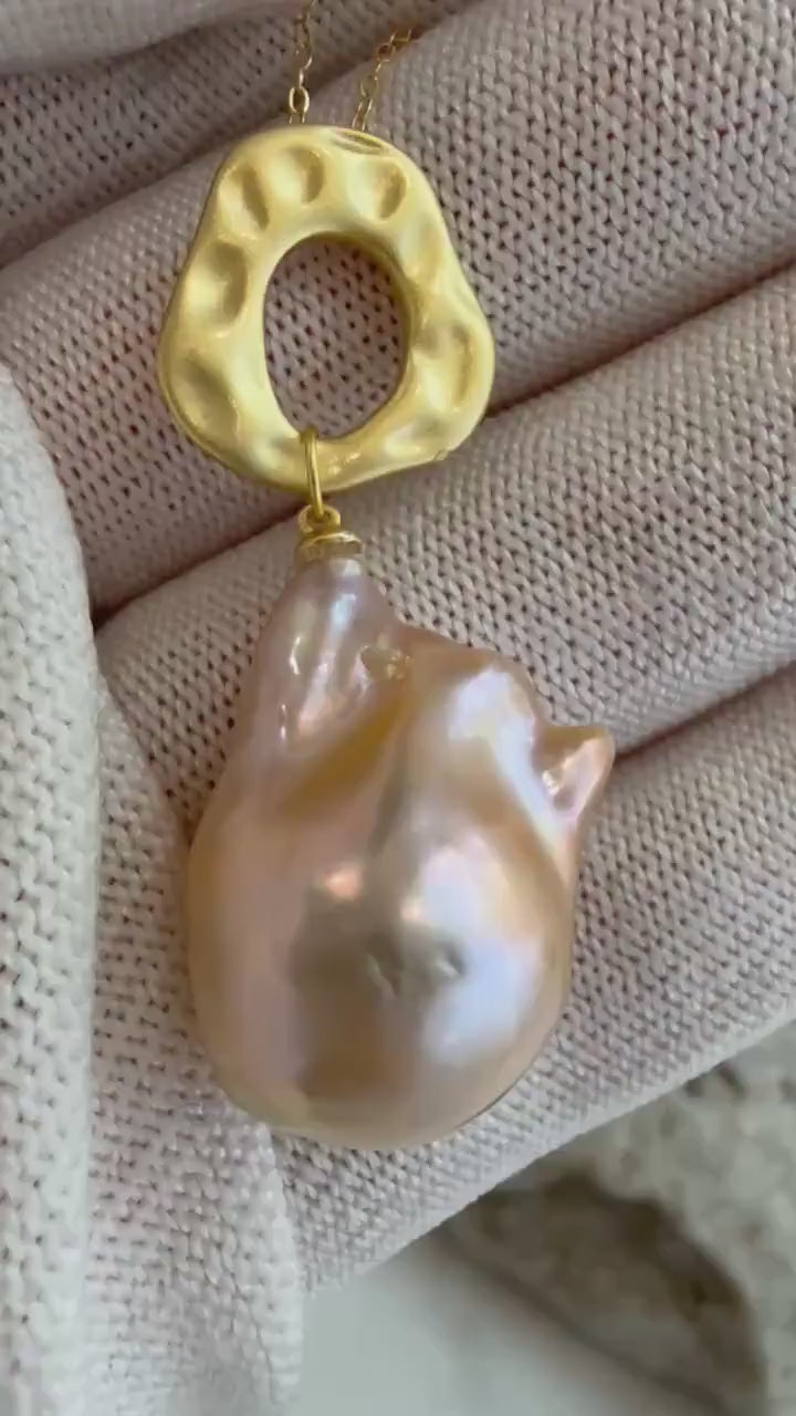 Elly’s Insale Strong luster peach gold iridescent baroque Pearl s925 silver minimalist pendant necklace set gift for girls 16.4x28mm