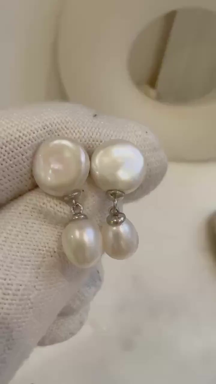Elly’s 6.7-10.2mm Freshwater white Keshi pearls Earrings: Extreme luster mirrored, 2.2cm high, S925 silver earrings.Pearl Jewelry Idea.