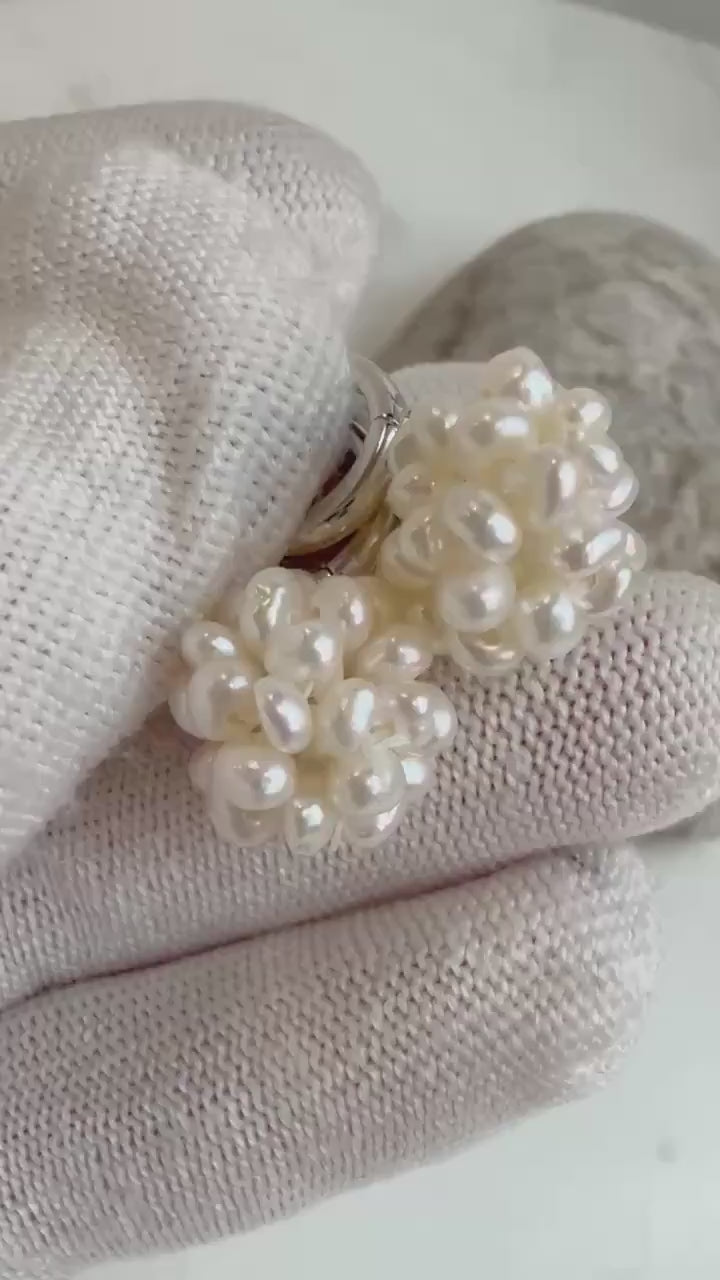 Not for seperate purchase.Strong  luster Freshwater Ivory Keshi Pearls dazzling Hydrangeas stylish S925 silver earrings hoops silver color.