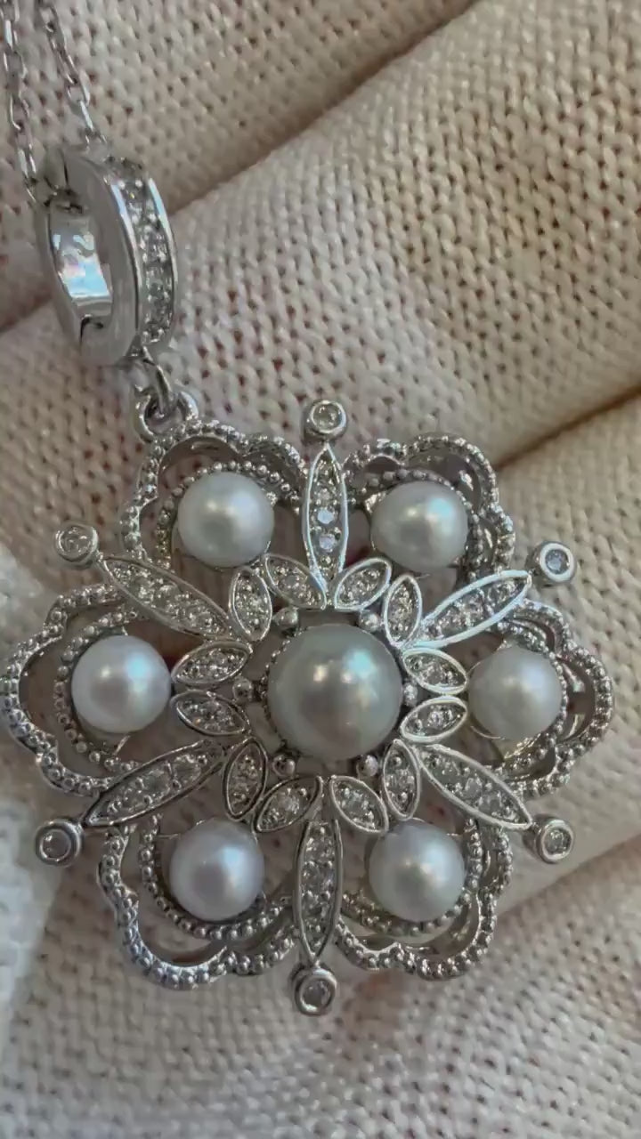 Elly’s 7pcs Akoya ocean Pearls vintage Pendant: Extreme luster mirrored, 11.1mm, 3-4.6mm, Copper brass cool pendant s925 silvernecklace set.
