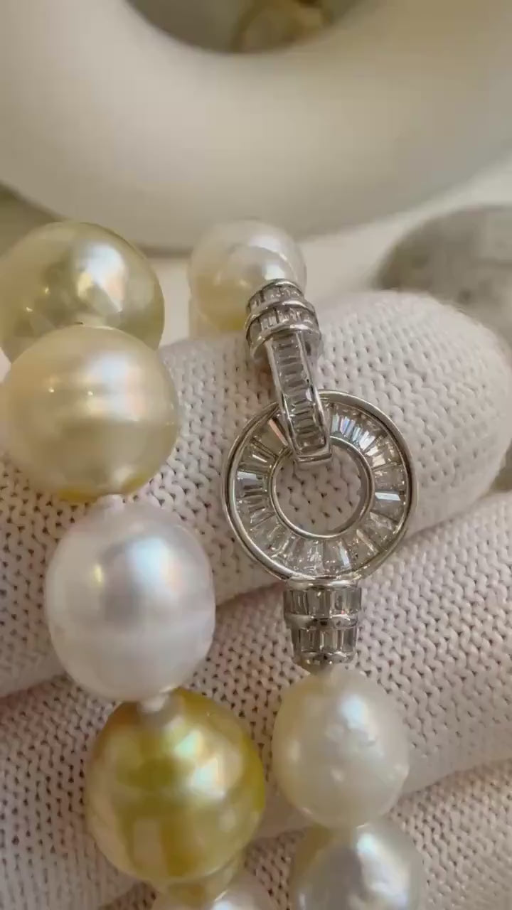 Elly’s 7.7-11.1mm 40pcs South sea golden Australian ocean pearls Necklace: Strong luster, 18.8” hand knotted, S925 silver necklace strand