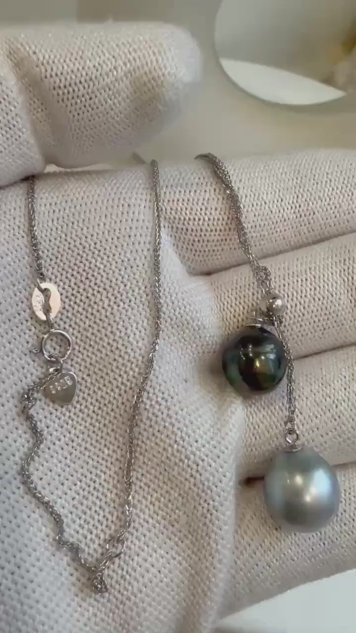 Elly’s 9.9-11.1mm Double Tahitian platinum peacock green ocean pearls Necklace: extreme luster mirrored, S925 silver chain set.