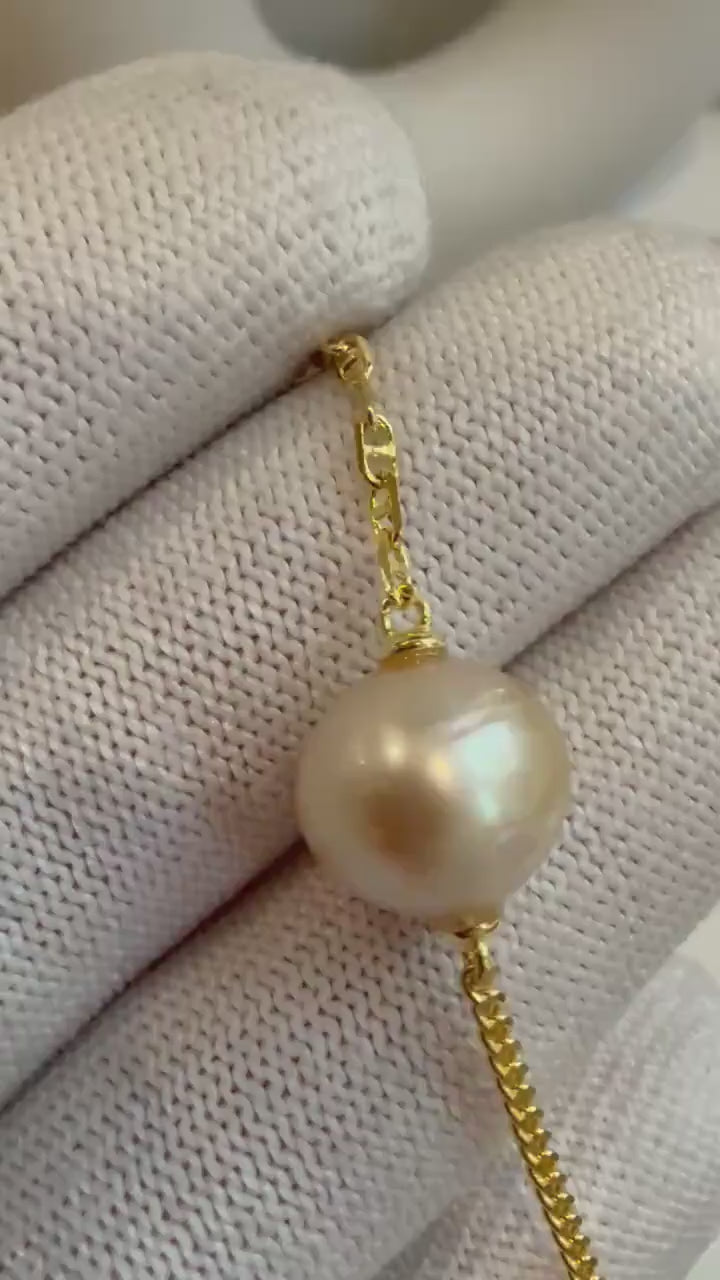 Elly’s 11.3mm strong luster south sea golden Pearl s925 silver AB adjustable daily office bracelet. To 8.1”