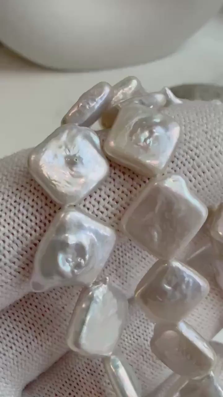Elly’s Super Value! 11.5-12mm strong luster Freshwater white iridescent square Keshi Pearls strand Necklace unique anniversary. 18.1”