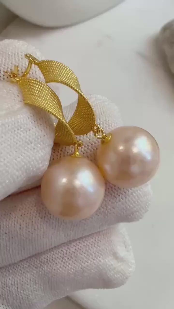 Elly’s 14mm Rare Huge Good luster Peach Pearls dazzling earrings stylish S925 silver earrings hoops unique gift for her birthday.